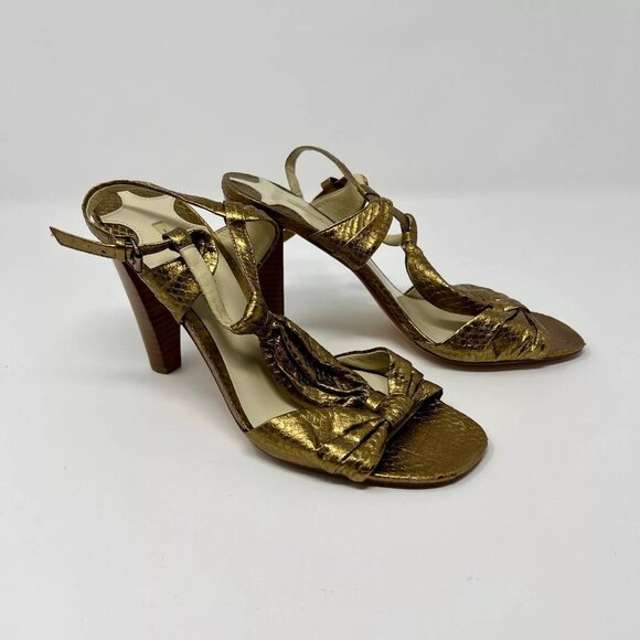 Max Studio Earling Gold Snakeskin Leather Ankle Strep Stacked Heel Size 8M - Picture 5 of 10